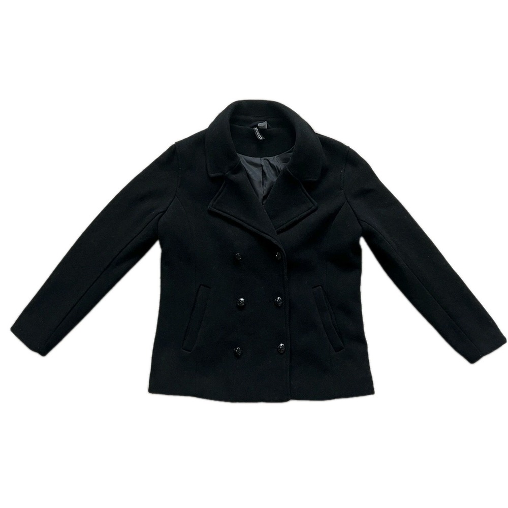 DIVIDED H&M Black Wool Blend Peacoat Women US 8 Bronze‎ Button Double Breasted